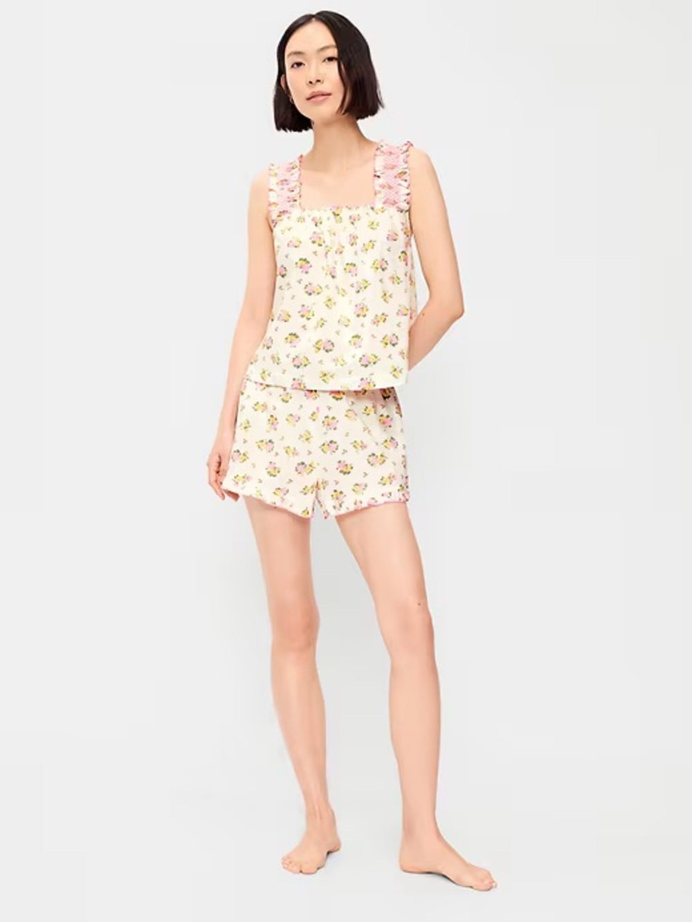 Old Navy Cream Floral Ruffle-Trim Pajama Tank & Shorts Set